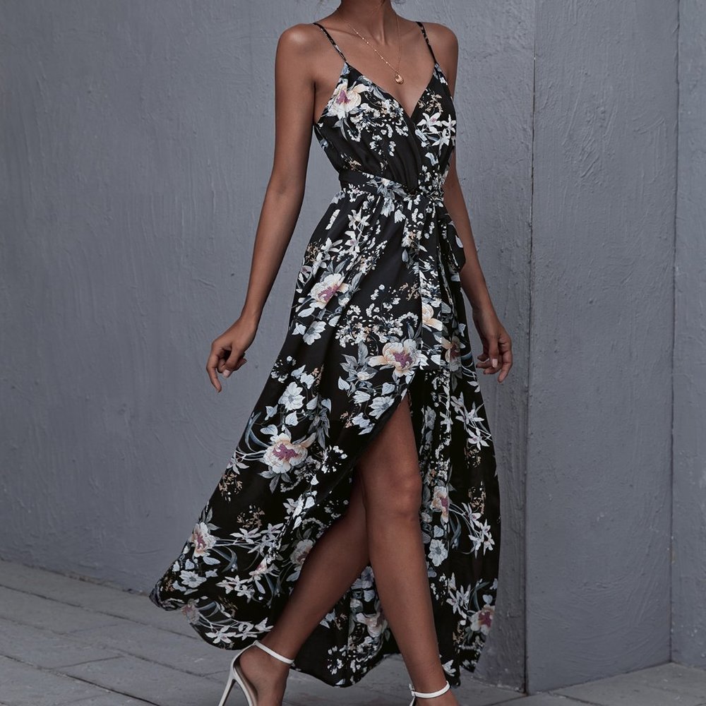 New Wrap Belted Floral Print Cami Dress Black - Picture 1 of 5